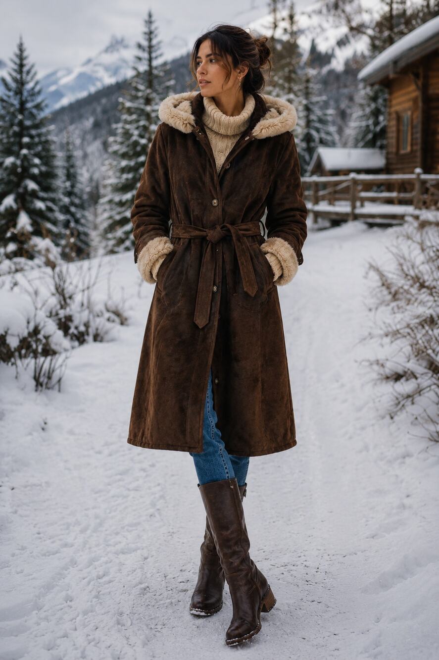 Vintage 90s Genuine Shearling Suede Hooded Belted Coat size S/M